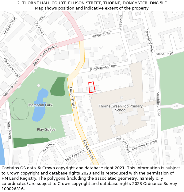 2, THORNE HALL COURT, ELLISON STREET, THORNE, DONCASTER, DN8 5LE: Location map and indicative extent of plot