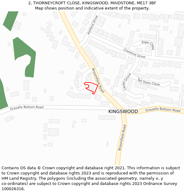 2, THORNEYCROFT CLOSE, KINGSWOOD, MAIDSTONE, ME17 3BF: Location map and indicative extent of plot