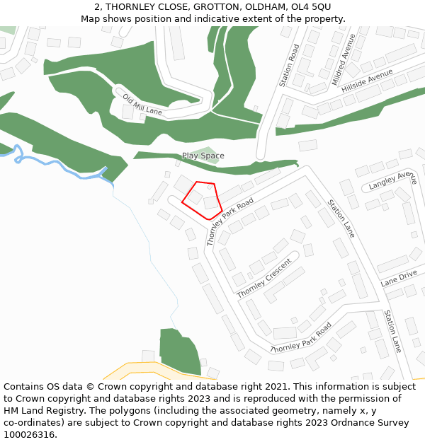 2, THORNLEY CLOSE, GROTTON, OLDHAM, OL4 5QU: Location map and indicative extent of plot