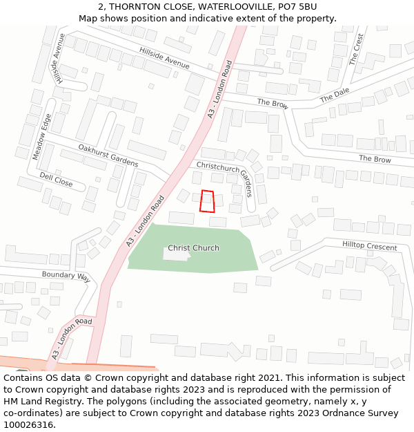 2, THORNTON CLOSE, WATERLOOVILLE, PO7 5BU: Location map and indicative extent of plot