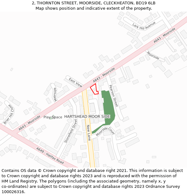 2, THORNTON STREET, MOORSIDE, CLECKHEATON, BD19 6LB: Location map and indicative extent of plot