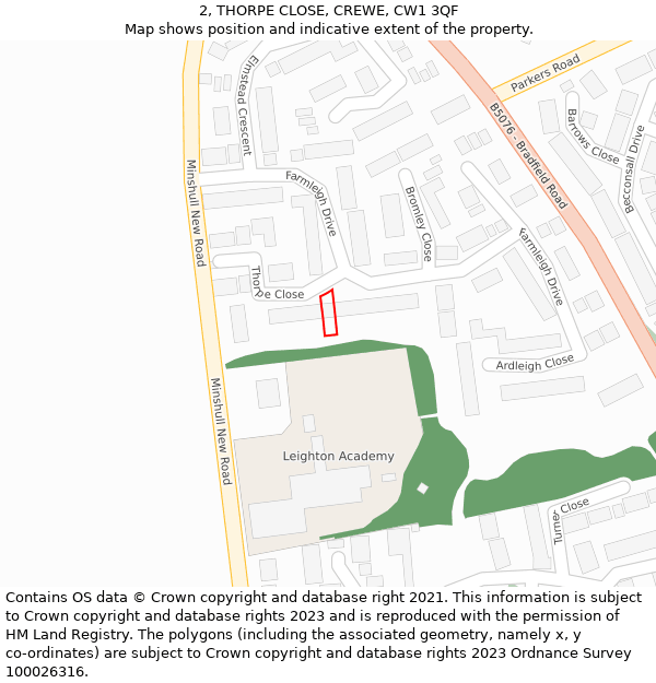 2, THORPE CLOSE, CREWE, CW1 3QF: Location map and indicative extent of plot