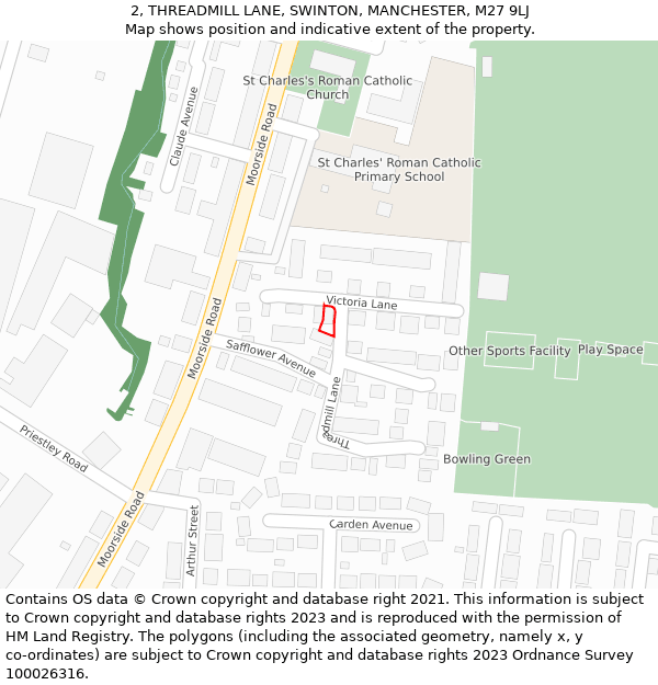 2, THREADMILL LANE, SWINTON, MANCHESTER, M27 9LJ: Location map and indicative extent of plot