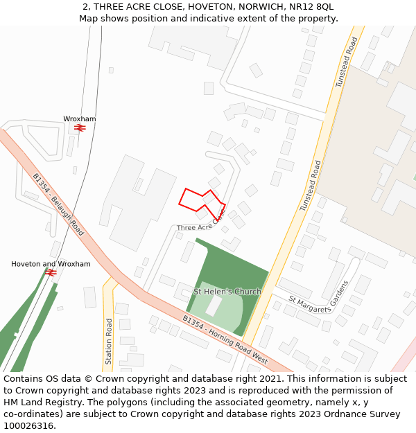 2, THREE ACRE CLOSE, HOVETON, NORWICH, NR12 8QL: Location map and indicative extent of plot