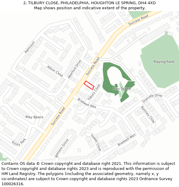 2, TILBURY CLOSE, PHILADELPHIA, HOUGHTON LE SPRING, DH4 4XD: Location map and indicative extent of plot