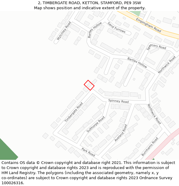 2, TIMBERGATE ROAD, KETTON, STAMFORD, PE9 3SW: Location map and indicative extent of plot