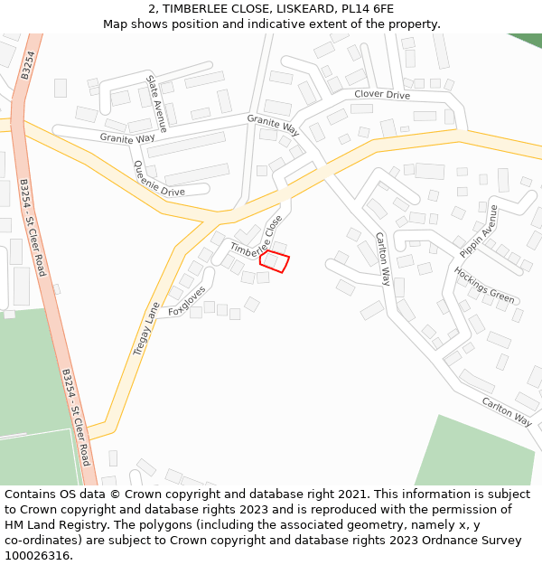 2, TIMBERLEE CLOSE, LISKEARD, PL14 6FE: Location map and indicative extent of plot