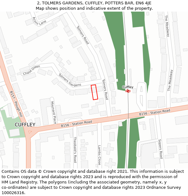 2, TOLMERS GARDENS, CUFFLEY, POTTERS BAR, EN6 4JE: Location map and indicative extent of plot