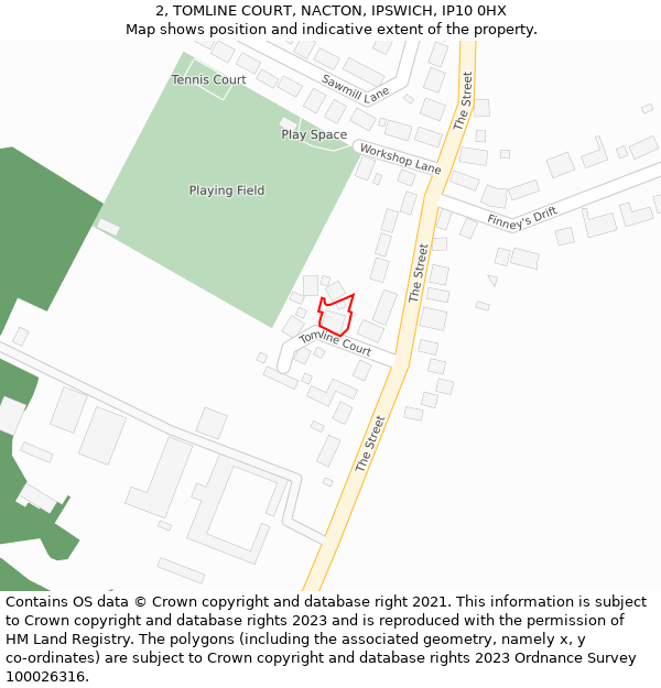 2, TOMLINE COURT, NACTON, IPSWICH, IP10 0HX: Location map and indicative extent of plot