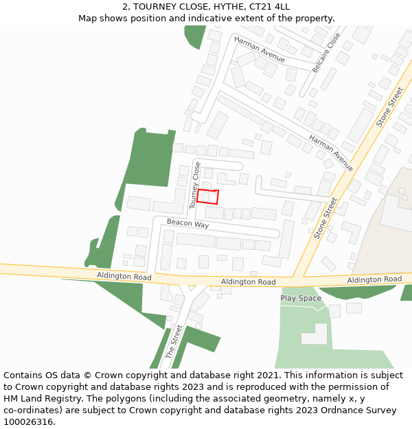 2, TOURNEY CLOSE, HYTHE, CT21 4LL: Location map and indicative extent of plot