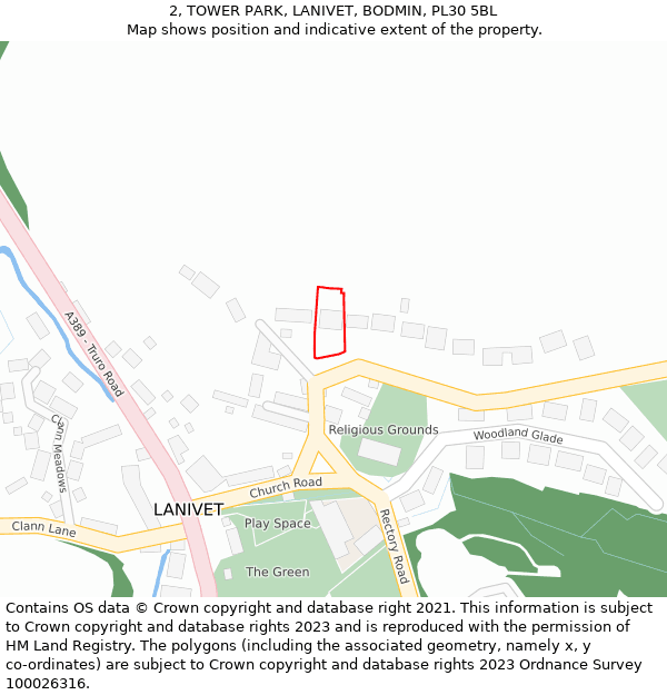 2, TOWER PARK, LANIVET, BODMIN, PL30 5BL: Location map and indicative extent of plot