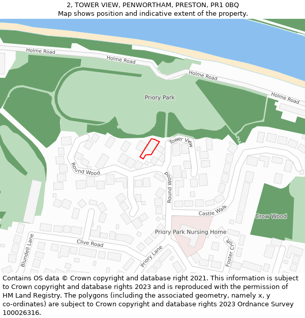 2, TOWER VIEW, PENWORTHAM, PRESTON, PR1 0BQ: Location map and indicative extent of plot