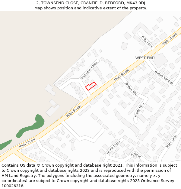 2, TOWNSEND CLOSE, CRANFIELD, BEDFORD, MK43 0DJ: Location map and indicative extent of plot