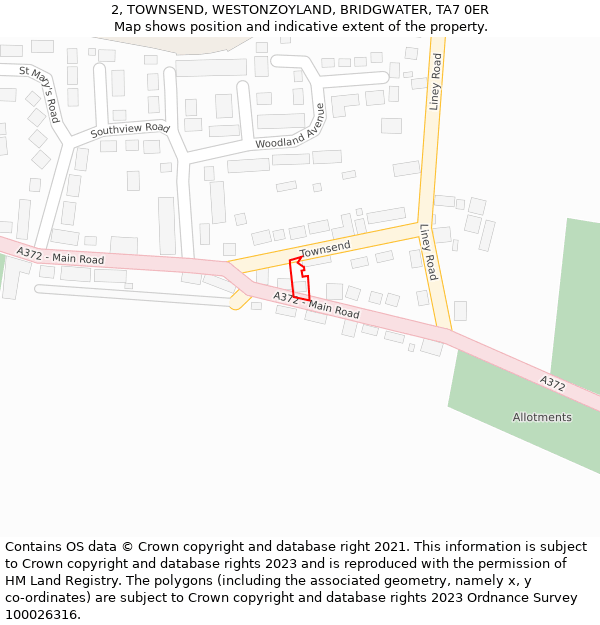 2, TOWNSEND, WESTONZOYLAND, BRIDGWATER, TA7 0ER: Location map and indicative extent of plot