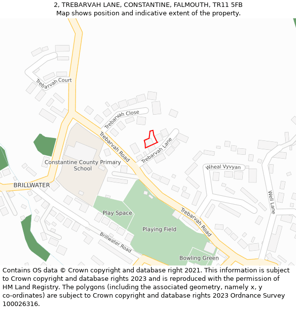 2, TREBARVAH LANE, CONSTANTINE, FALMOUTH, TR11 5FB: Location map and indicative extent of plot