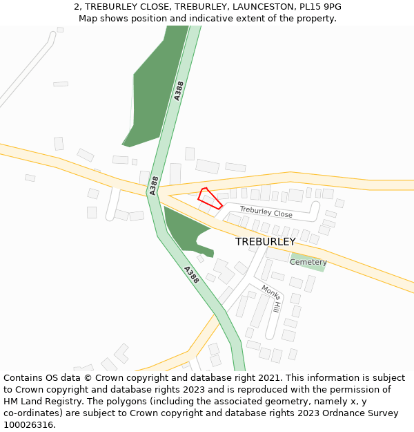 2, TREBURLEY CLOSE, TREBURLEY, LAUNCESTON, PL15 9PG: Location map and indicative extent of plot