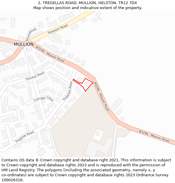 2, TREGELLAS ROAD, MULLION, HELSTON, TR12 7DX: Location map and indicative extent of plot