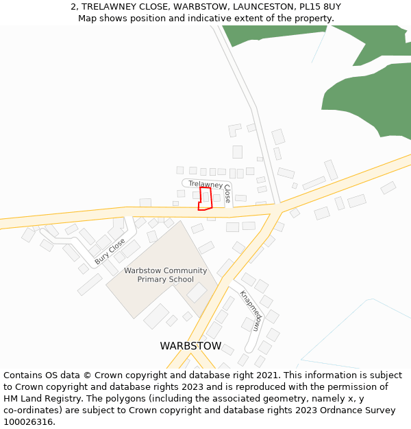 2, TRELAWNEY CLOSE, WARBSTOW, LAUNCESTON, PL15 8UY: Location map and indicative extent of plot