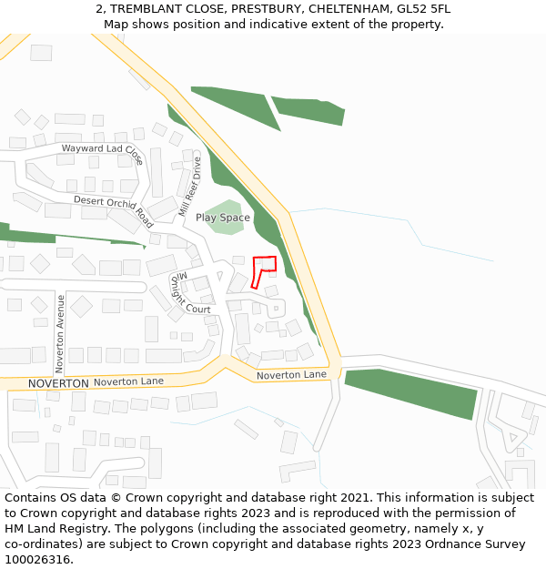 2, TREMBLANT CLOSE, PRESTBURY, CHELTENHAM, GL52 5FL: Location map and indicative extent of plot