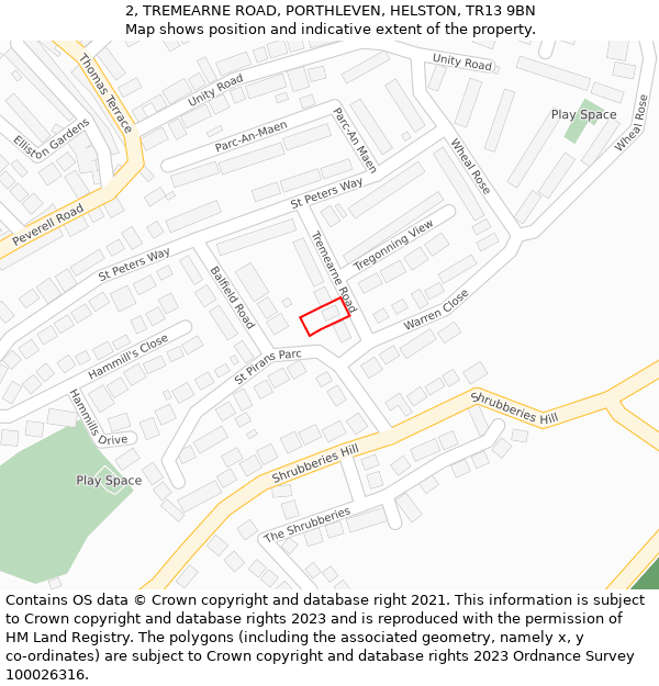 2, TREMEARNE ROAD, PORTHLEVEN, HELSTON, TR13 9BN: Location map and indicative extent of plot