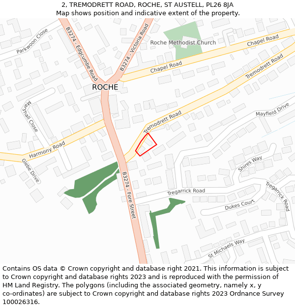 2, TREMODRETT ROAD, ROCHE, ST AUSTELL, PL26 8JA: Location map and indicative extent of plot
