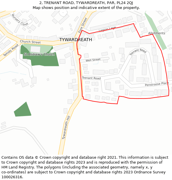 2, TRENANT ROAD, TYWARDREATH, PAR, PL24 2QJ: Location map and indicative extent of plot