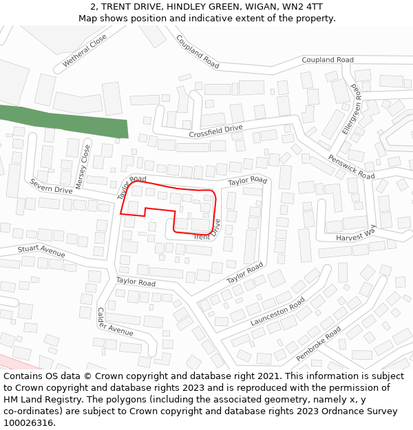 2, TRENT DRIVE, HINDLEY GREEN, WIGAN, WN2 4TT: Location map and indicative extent of plot