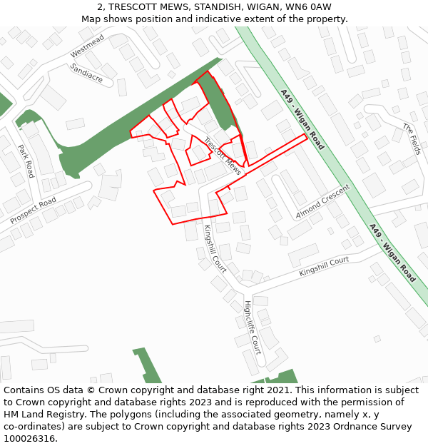 2, TRESCOTT MEWS, STANDISH, WIGAN, WN6 0AW: Location map and indicative extent of plot