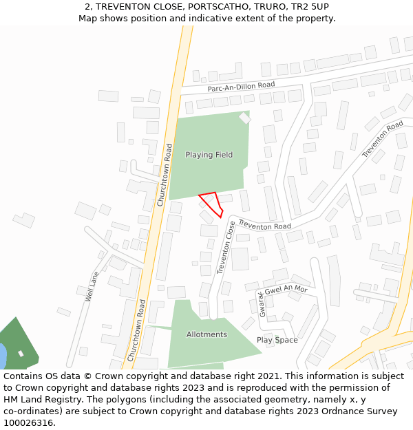 2, TREVENTON CLOSE, PORTSCATHO, TRURO, TR2 5UP: Location map and indicative extent of plot