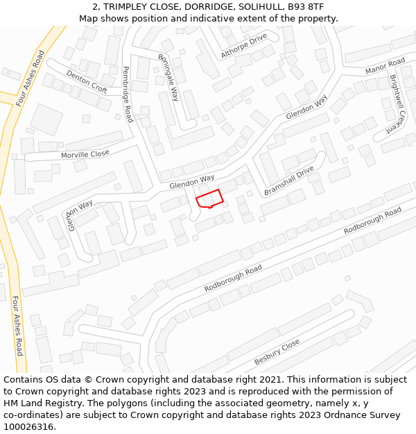 2, TRIMPLEY CLOSE, DORRIDGE, SOLIHULL, B93 8TF: Location map and indicative extent of plot