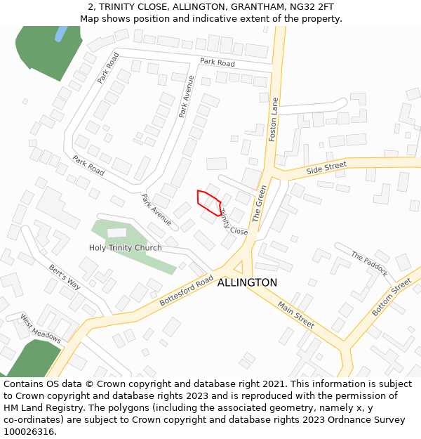 2, TRINITY CLOSE, ALLINGTON, GRANTHAM, NG32 2FT: Location map and indicative extent of plot