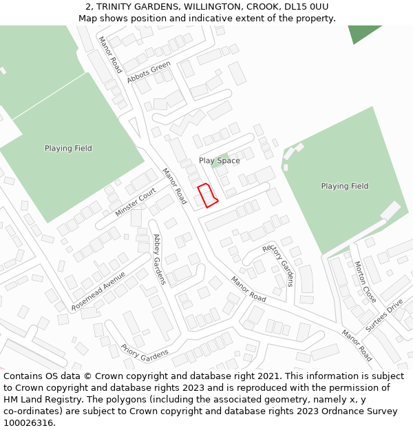 2, TRINITY GARDENS, WILLINGTON, CROOK, DL15 0UU: Location map and indicative extent of plot