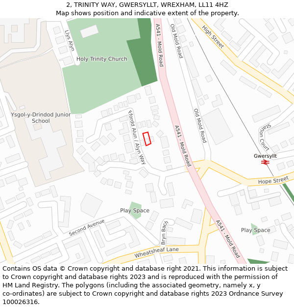 2, TRINITY WAY, GWERSYLLT, WREXHAM, LL11 4HZ: Location map and indicative extent of plot