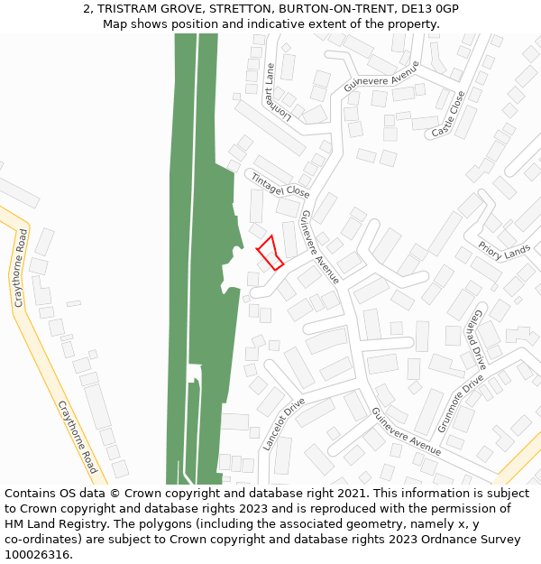 2, TRISTRAM GROVE, STRETTON, BURTON-ON-TRENT, DE13 0GP: Location map and indicative extent of plot