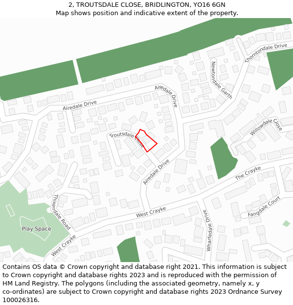 2, TROUTSDALE CLOSE, BRIDLINGTON, YO16 6GN: Location map and indicative extent of plot