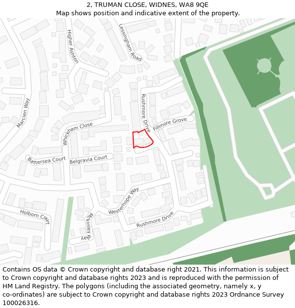 2, TRUMAN CLOSE, WIDNES, WA8 9QE: Location map and indicative extent of plot