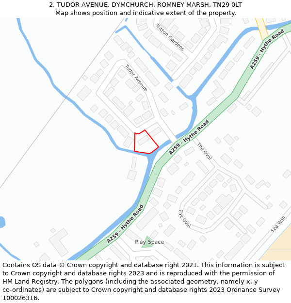 2, TUDOR AVENUE, DYMCHURCH, ROMNEY MARSH, TN29 0LT: Location map and indicative extent of plot