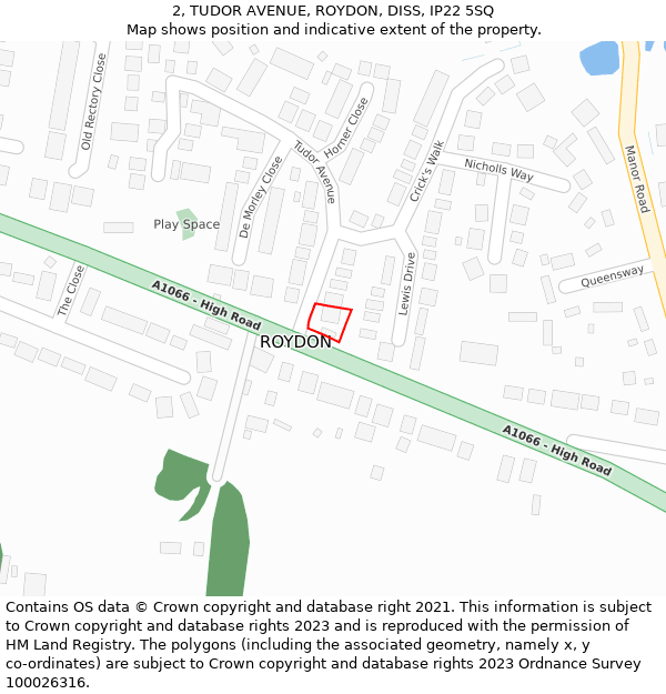 2, TUDOR AVENUE, ROYDON, DISS, IP22 5SQ: Location map and indicative extent of plot