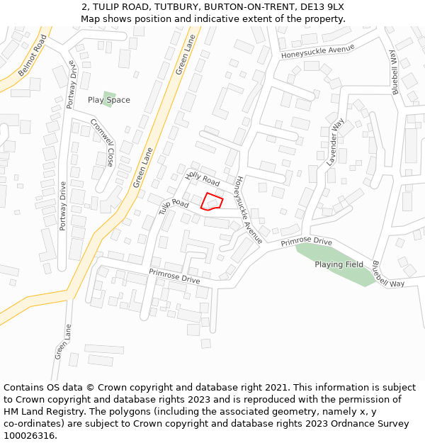 2, TULIP ROAD, TUTBURY, BURTON-ON-TRENT, DE13 9LX: Location map and indicative extent of plot