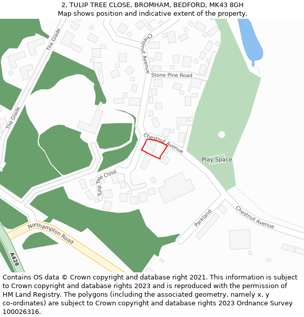 2, TULIP TREE CLOSE, BROMHAM, BEDFORD, MK43 8GH: Location map and indicative extent of plot