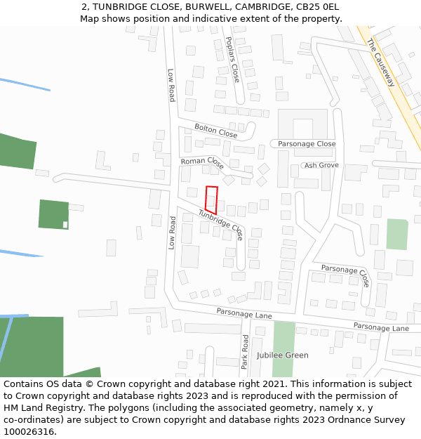 2, TUNBRIDGE CLOSE, BURWELL, CAMBRIDGE, CB25 0EL: Location map and indicative extent of plot