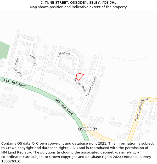 2, TUNE STREET, OSGODBY, SELBY, YO8 5HL: Location map and indicative extent of plot