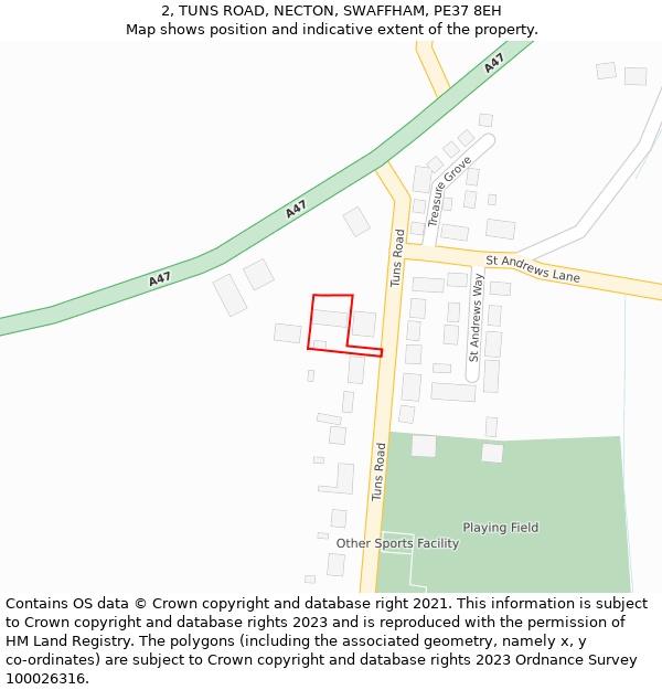 2, TUNS ROAD, NECTON, SWAFFHAM, PE37 8EH: Location map and indicative extent of plot