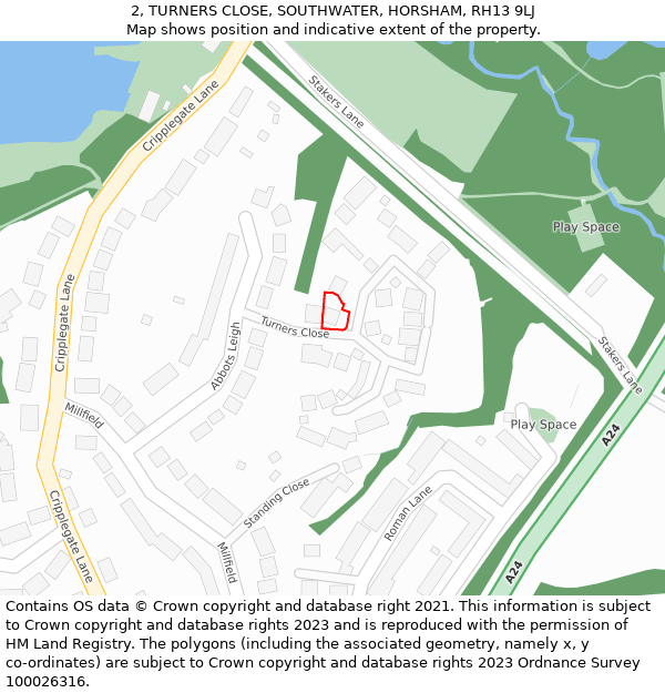 2, TURNERS CLOSE, SOUTHWATER, HORSHAM, RH13 9LJ: Location map and indicative extent of plot