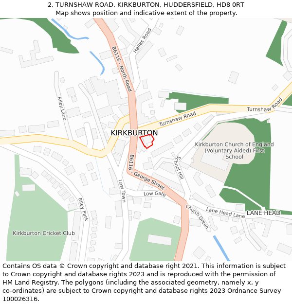 2, TURNSHAW ROAD, KIRKBURTON, HUDDERSFIELD, HD8 0RT: Location map and indicative extent of plot