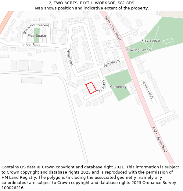 2, TWO ACRES, BLYTH, WORKSOP, S81 8DS: Location map and indicative extent of plot