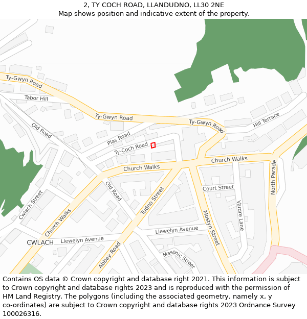 2, TY COCH ROAD, LLANDUDNO, LL30 2NE: Location map and indicative extent of plot