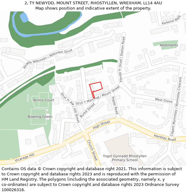 2, TY NEWYDD, MOUNT STREET, RHOSTYLLEN, WREXHAM, LL14 4AU: Location map and indicative extent of plot