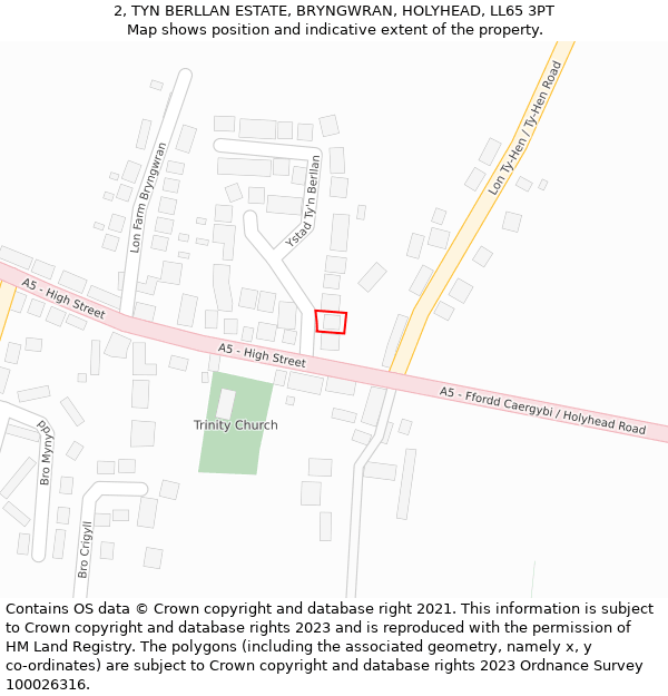 2, TYN BERLLAN ESTATE, BRYNGWRAN, HOLYHEAD, LL65 3PT: Location map and indicative extent of plot