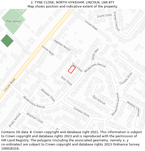 2, TYNE CLOSE, NORTH HYKEHAM, LINCOLN, LN6 8TY: Location map and indicative extent of plot